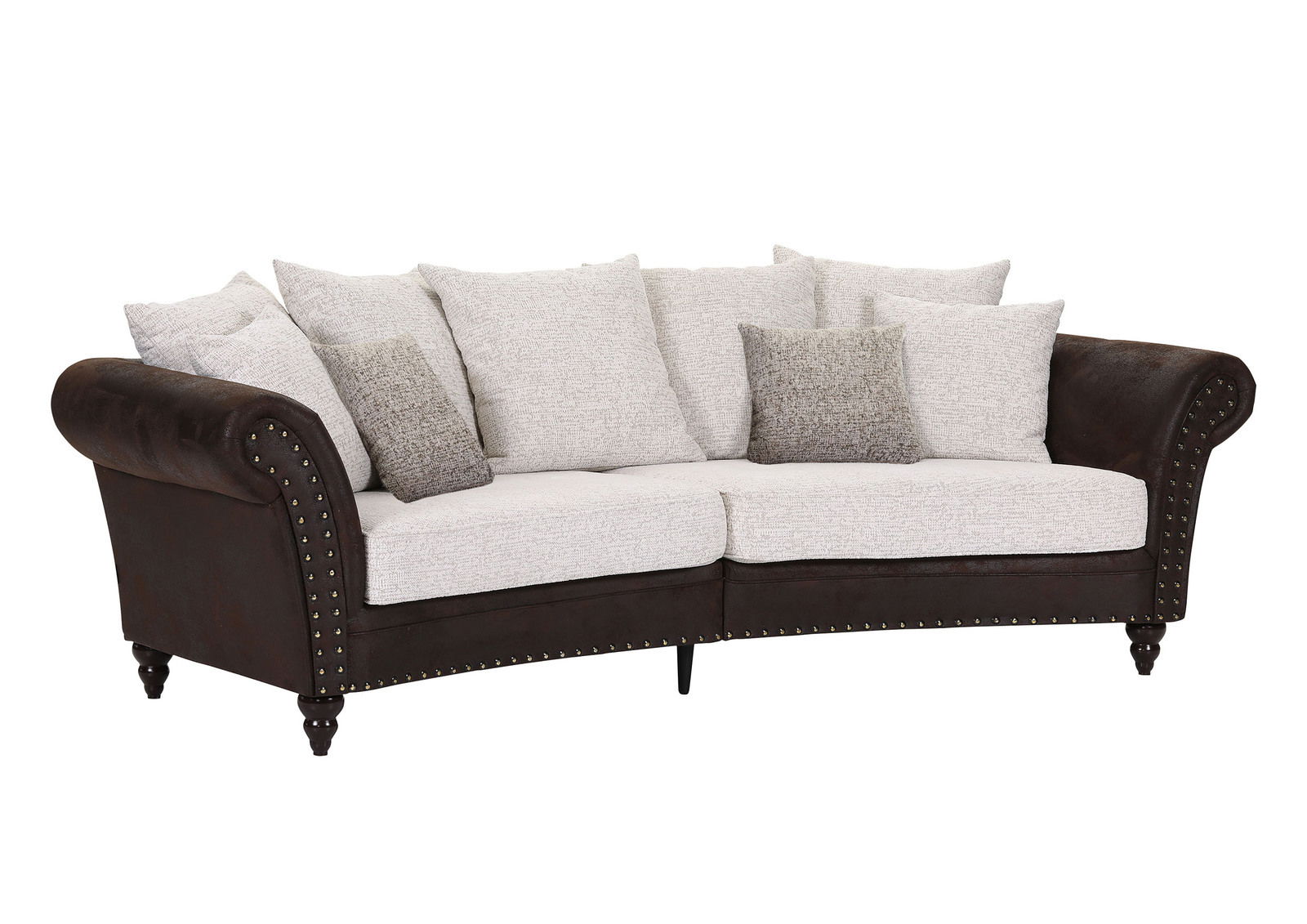 Rundes Megasofa mit braunen Lederarmlehnen und hellen Stoffkissen, seitliche Perspektive