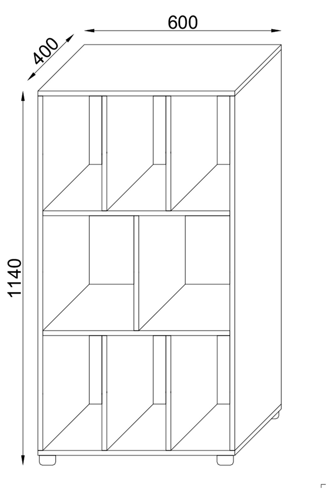 Technische Linienzeichnung eines offenen Regalschranks mit 8 Fächern (3-2-3), Maße ca. 60 cm Breite, 40 cm Tiefe und 114 cm Höhe, dargestellt in schräger Frontansicht (3/4-Perspektive).