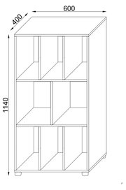 Technische Linienzeichnung eines offenen Regalschranks mit 8 Fächern (3-2-3), Maße ca. 60 cm Breite, 40 cm Tiefe und 114 cm Höhe, dargestellt in schräger Frontansicht (3/4-Perspektive).