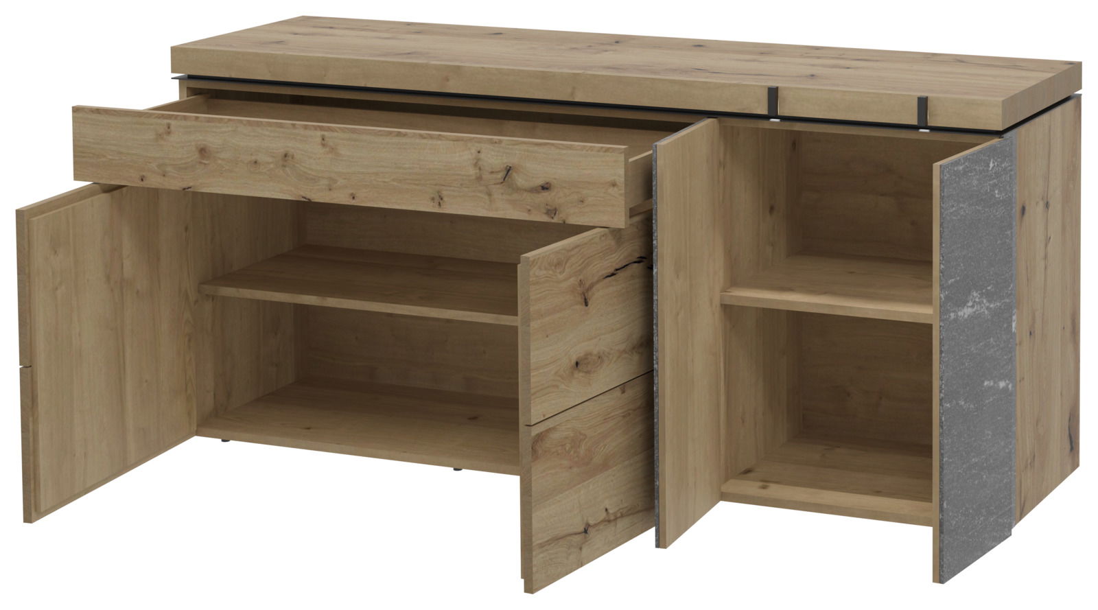 Voglauer Sideboard V-ROCK aus Holz mit geöffneter Schublade und Türen, Frontansicht