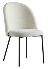 Moderner Stuhl mit cremefarbenem Stoffbezug und schwarzen Metallbeinen, seitliche Perspektive