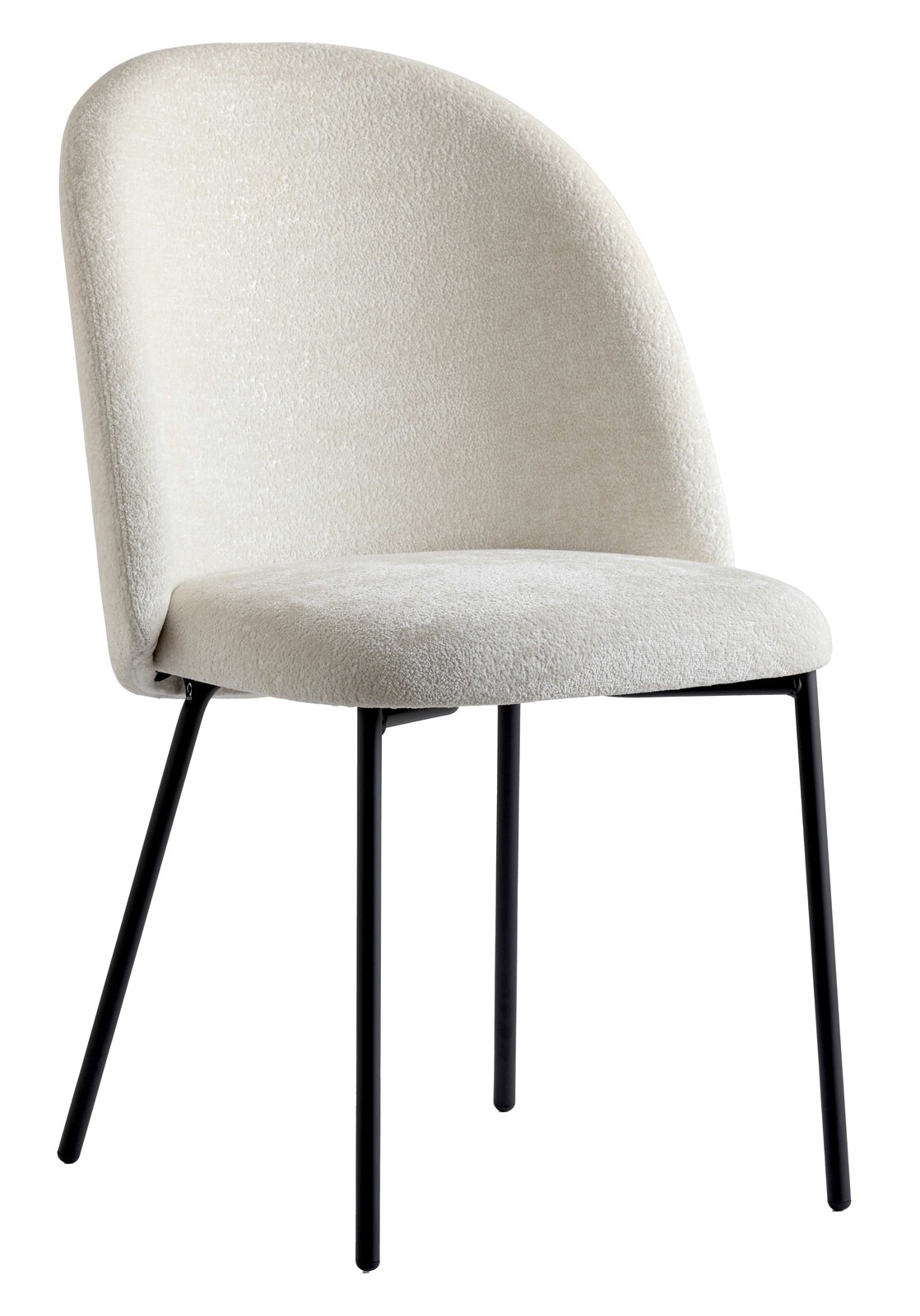 Moderner Stuhl mit cremefarbenem Stoffbezug und schwarzen Metallbeinen, seitliche Perspektive