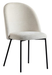 Moderner Stuhl mit cremefarbenem Stoffbezug und schwarzen Metallbeinen, seitliche Perspektive