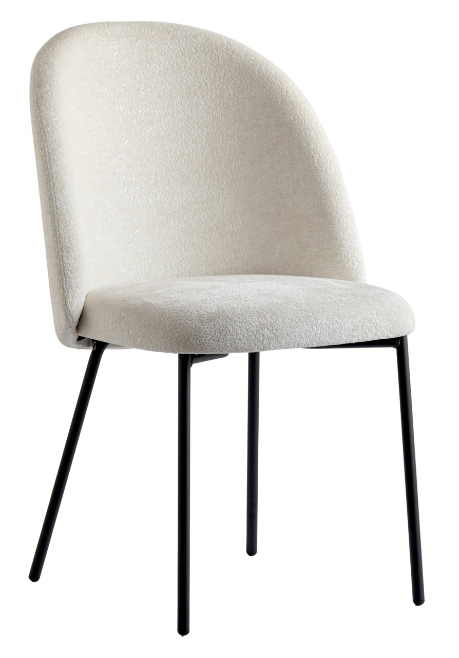 Moderner Stuhl mit cremefarbenem Stoffbezug und schwarzen Metallbeinen, seitliche Perspektive