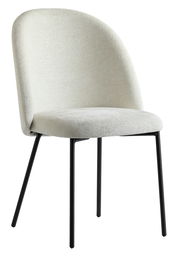 Moderner Stuhl mit cremefarbenem Stoffbezug und schwarzen Metallbeinen, seitliche Perspektive