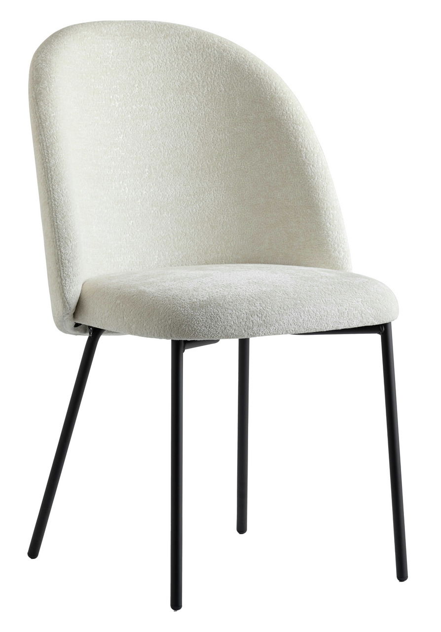 Moderner Stuhl mit cremefarbenem Stoffbezug und schwarzen Metallbeinen, seitliche Perspektive