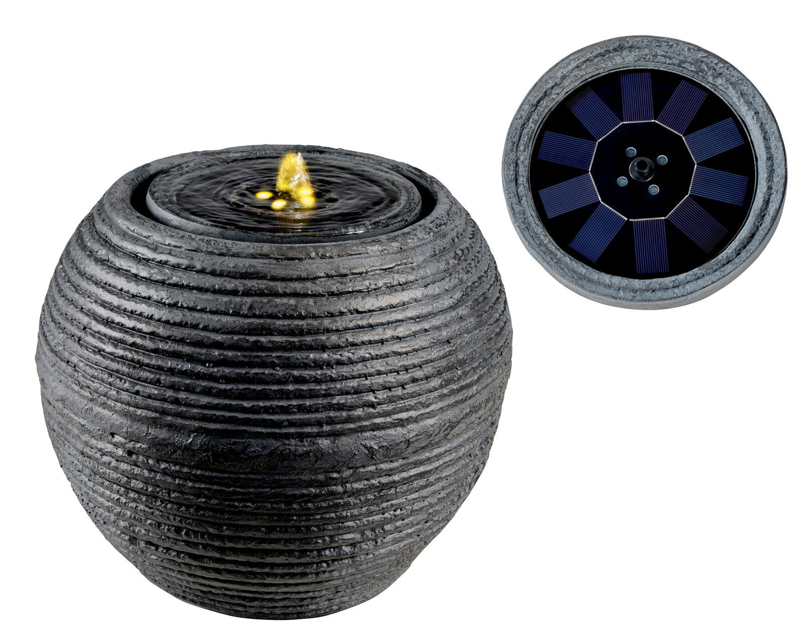 Lumineo Brunnen Outdoor Runder, grauer Outdoor-Brunnen aus GRC mit gerillter Oberfläche und integrierter LED-Beleuchtung, seitliche und obere Perspektive.