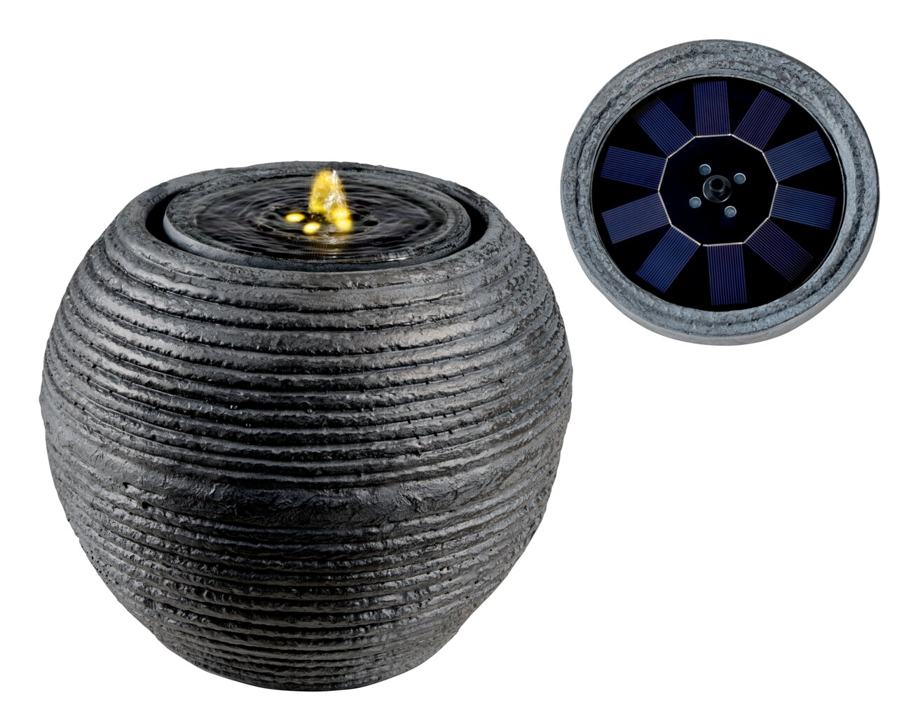 Lumineo Brunnen Outdoor Runder, grauer Outdoor-Brunnen aus GRC mit gerillter Oberfläche und integrierter LED-Beleuchtung, seitliche und obere Perspektive.