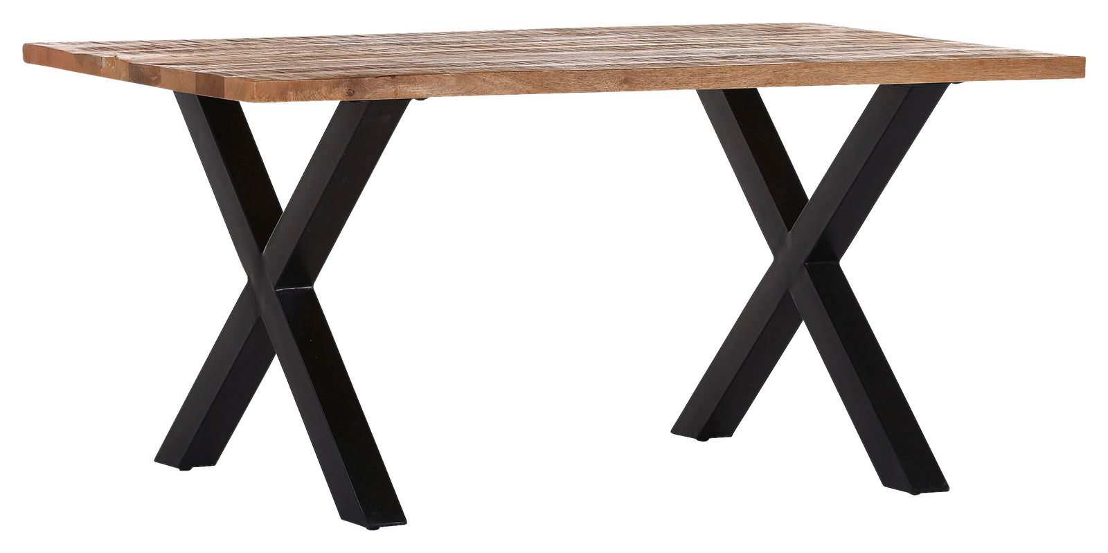 Moderner Esstisch mit Holzplatte und schwarzen Metallbeinen in X-Form, seitliche Perspektive