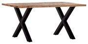 Moderner Esstisch mit Holzplatte und schwarzen Metallbeinen in X-Form, seitliche Perspektive