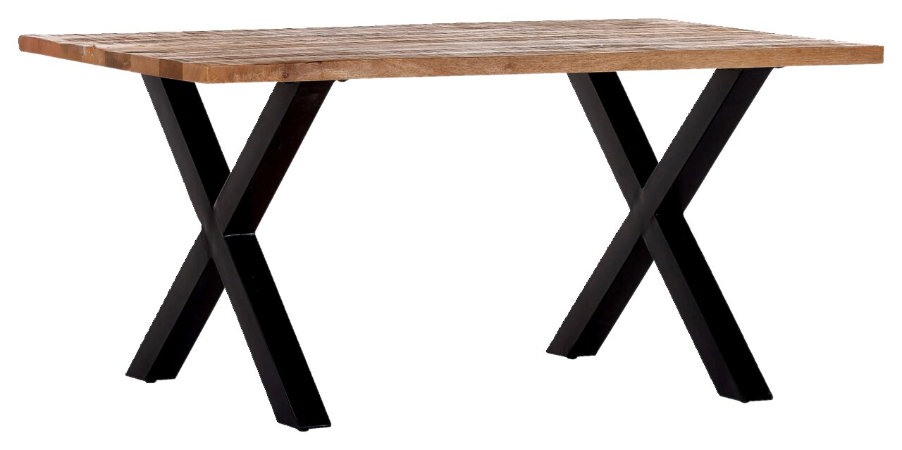 Moderner Esstisch mit Holzplatte und schwarzen Metallbeinen in X-Form, seitliche Perspektive