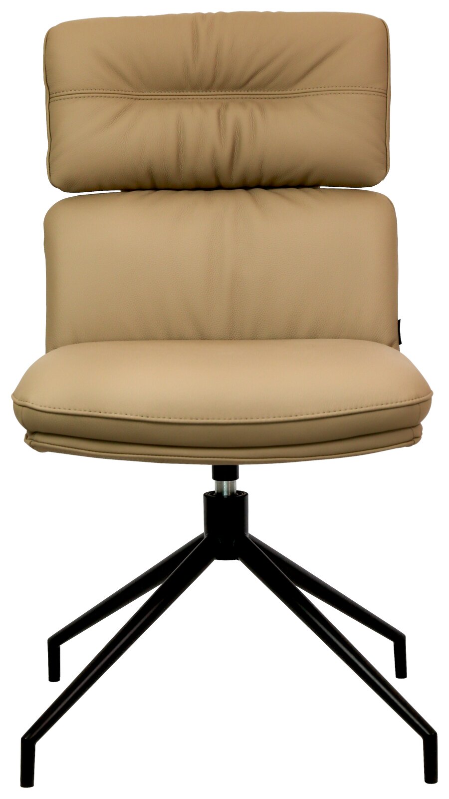 Moderner, beiger Stuhl mit gepolsterter Rückenlehne und schwarzem Metallgestell, Frontalansicht.