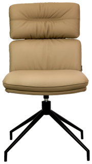 Moderne, beige stoel met gestoffeerde rugleuning en zwart metalen onderstel, gezien van voren.