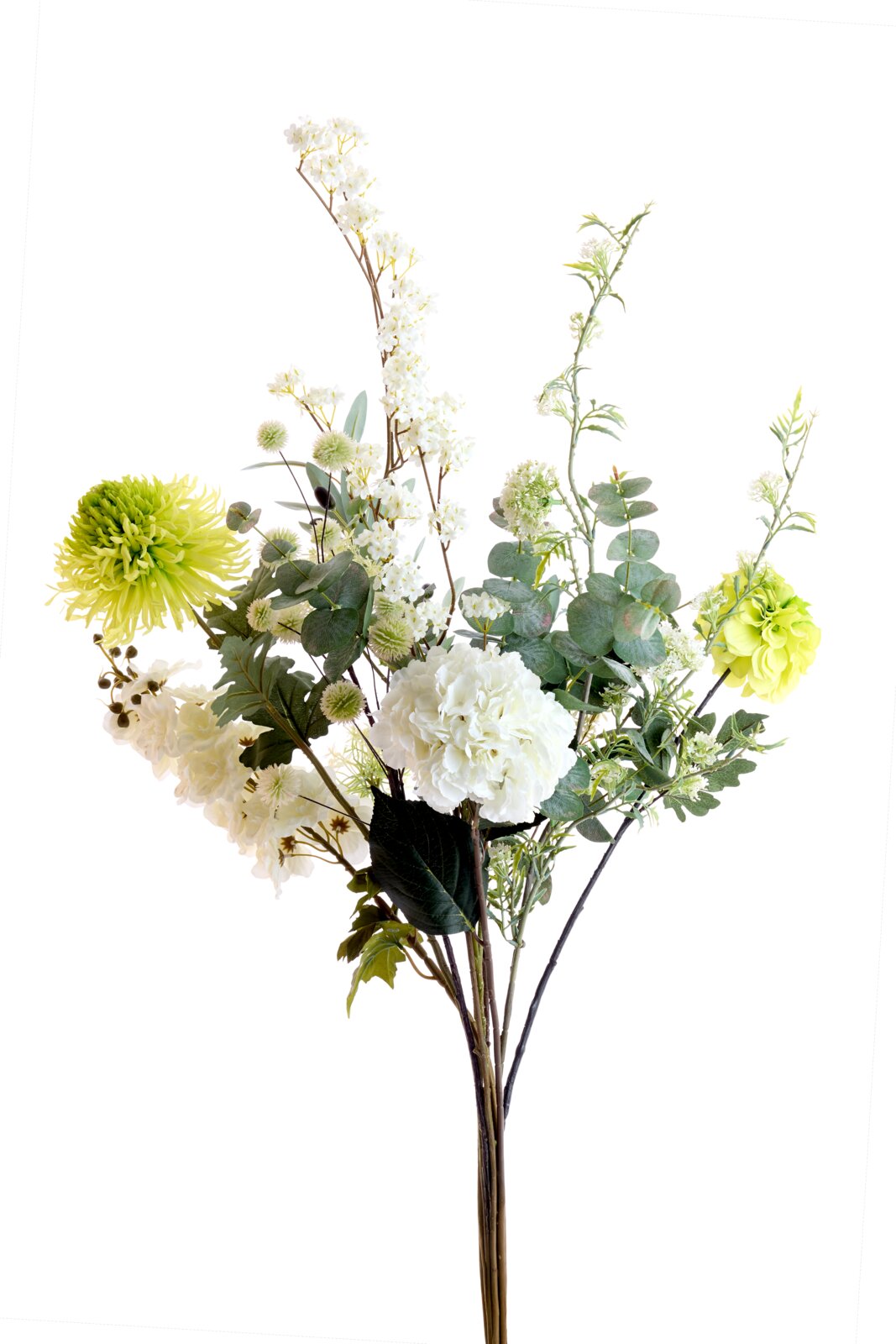 Üppiger künstlicher Blumenstrauß mit weißen und limettengrünen Blüten sowie Eukalyptuszweigen, frontal vor weißem Hintergrund dargestellt