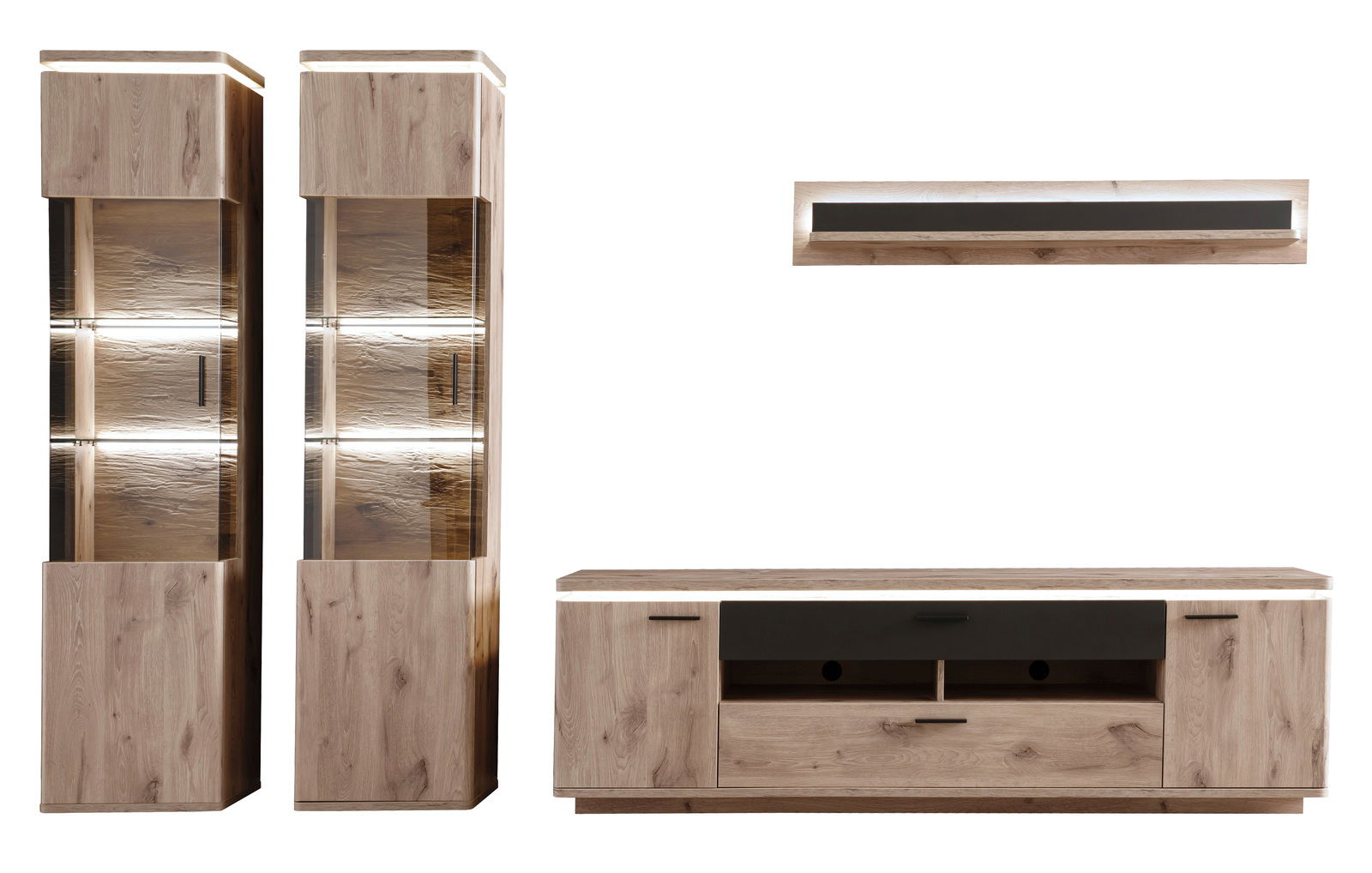 Moderne Wandkombination aus Holz mit zwei hohen Vitrinen, einem TV-Schrank und einem Wandregal, frontal betrachtet.