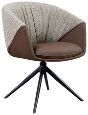 Moderne fauteuil met bruin leer en grijze stoffen bekleding, zwart metalen frame, zijaanzicht