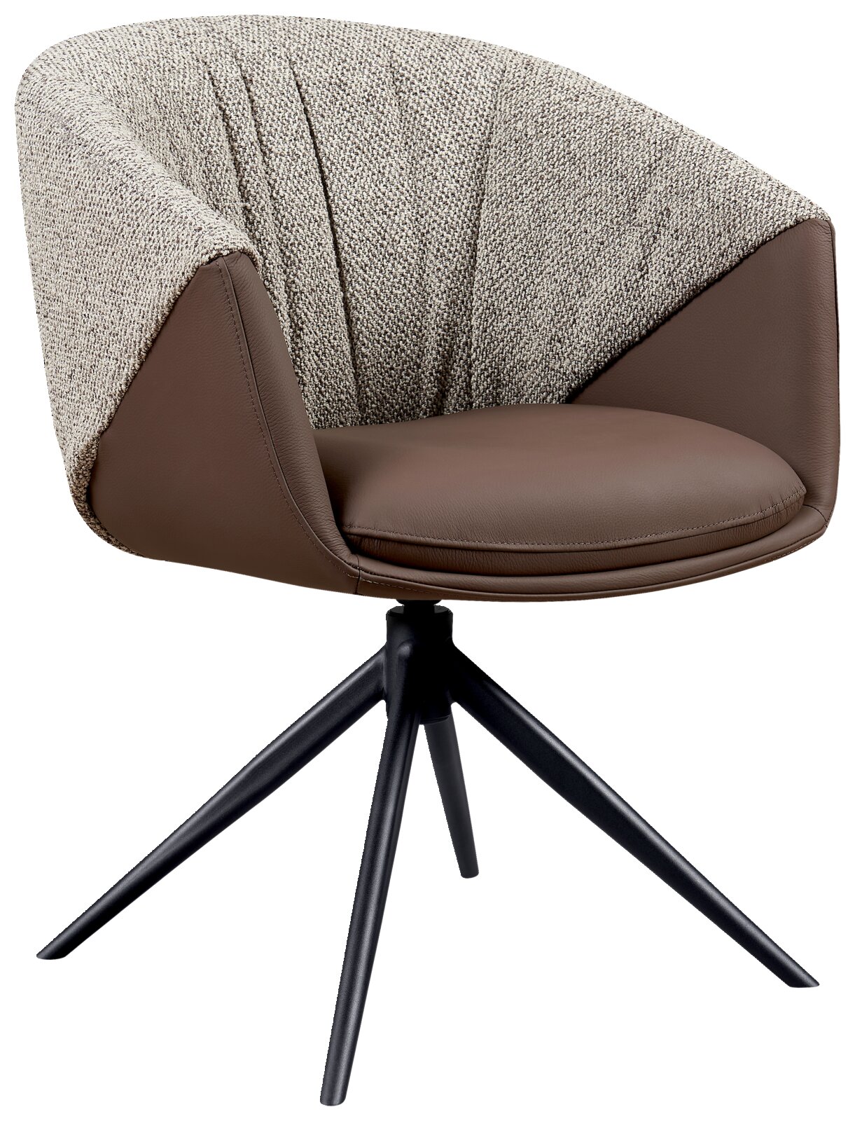 Moderne fauteuil met bruin leer en grijze stoffen bekleding, zwart metalen frame, zijaanzicht