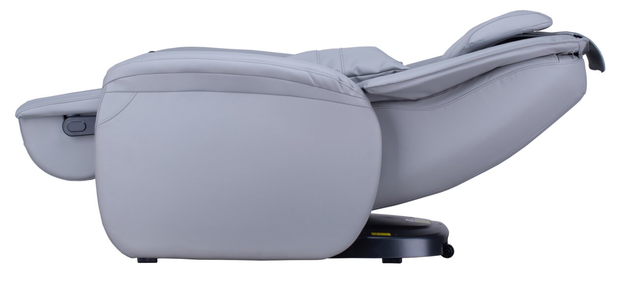 Zijaanzicht van een grijze massagestoel in liggende stand.