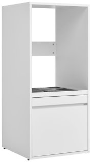 Weißer Waschmaschinenschrank mit offenem Regal und Schublade, seitliche Perspektive
