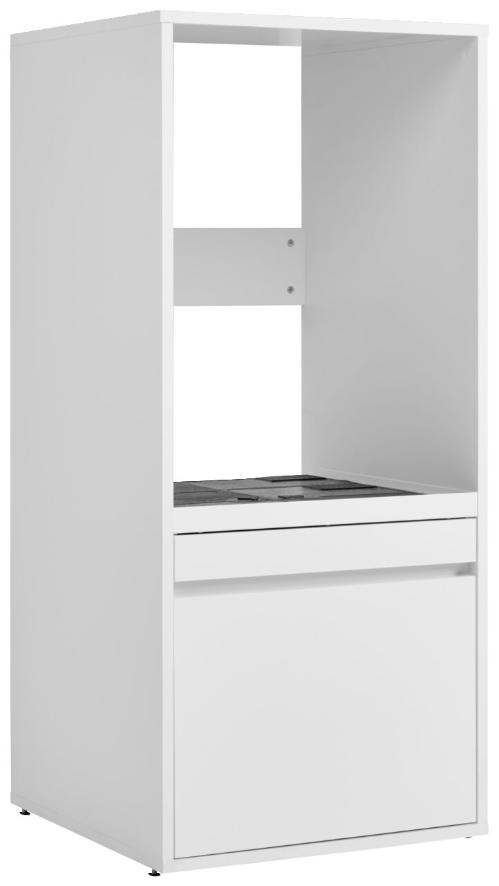 XORA Waschmaschinenschrank LIV WASHTOWER Weißer Waschmaschinenschrank mit offenem Regal und Schublade, seitliche Perspektive