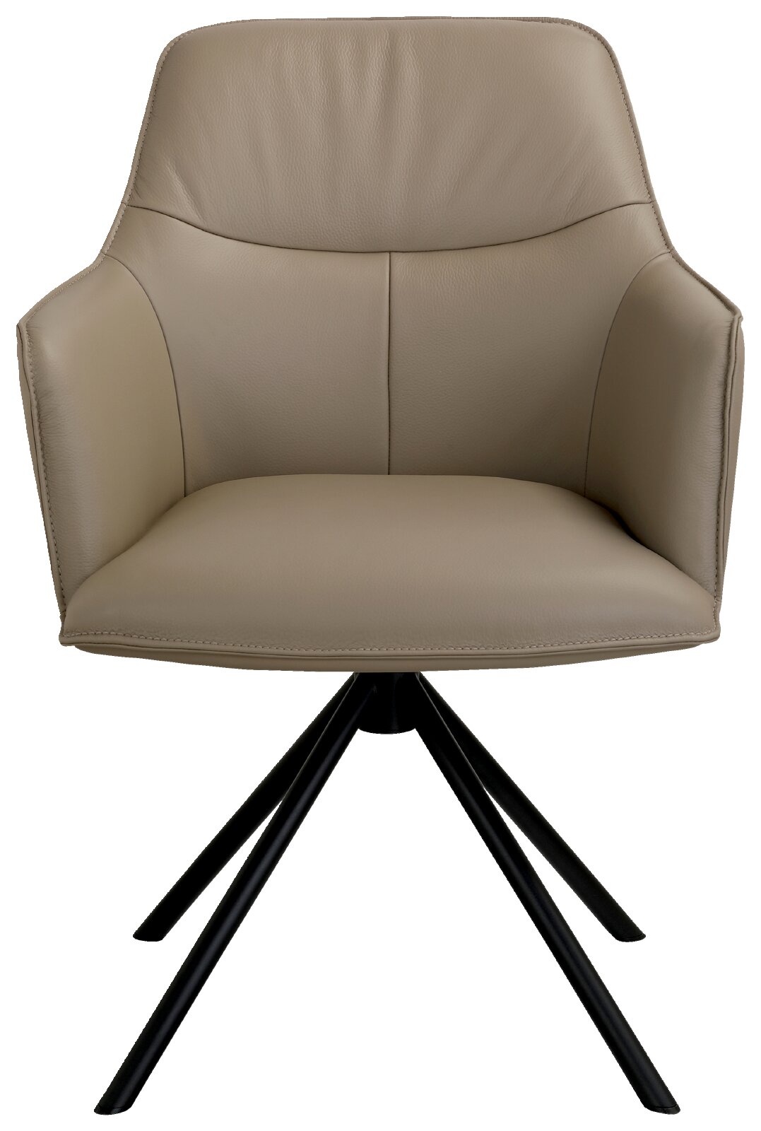 Vooraanzicht van een moderne taupekleurige armstoel met comfortabele bekleding, hoge rugleuning en zwart metalen vierpootsonderstel.