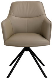 Vooraanzicht van een moderne taupekleurige armstoel met comfortabele bekleding, hoge rugleuning en zwart metalen vierpootsonderstel.