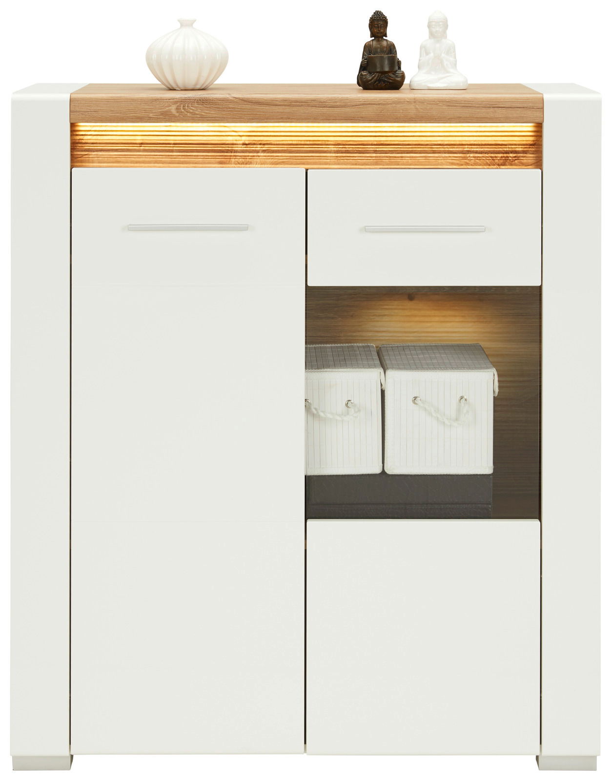 Moderne Vitrine mit weißem Korpus und Holzoberfläche, dekoriert mit zwei Buddha-Statuen und einer Vase, frontal betrachtet.