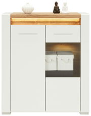 Moderne Vitrine mit weißem Korpus und Holzoberfläche, dekoriert mit zwei Buddha-Statuen und einer Vase, frontal betrachtet.