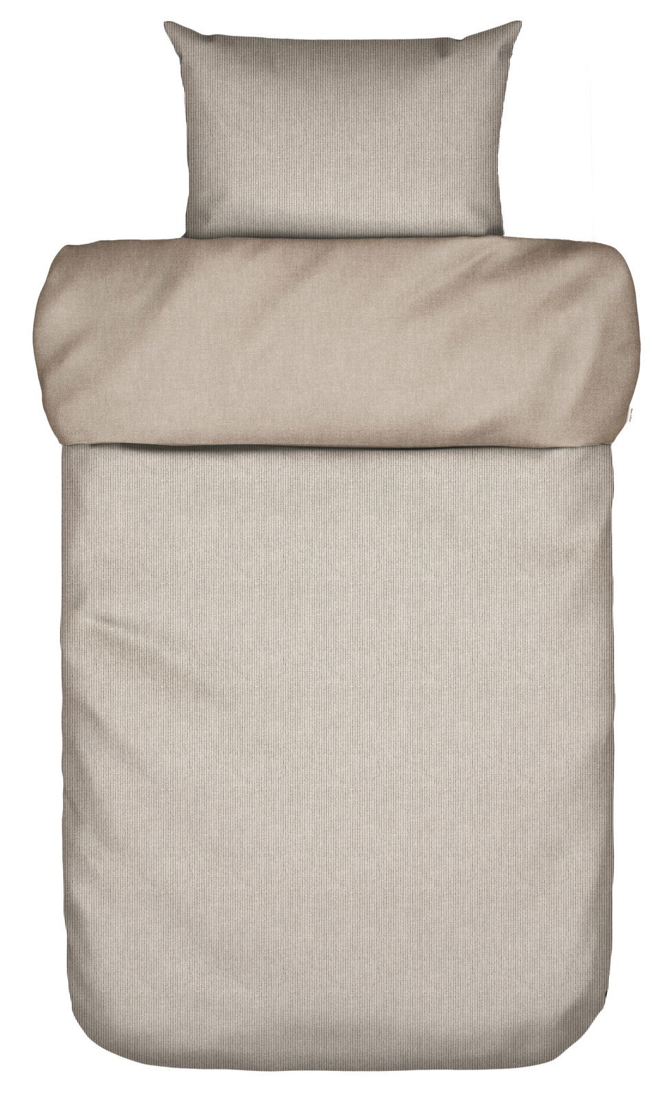 Bettwäsche-Set in Beige, bestehend aus einem Kissenbezug und einem Bettdeckenbezug, aus der Vogelperspektive fotografiert.