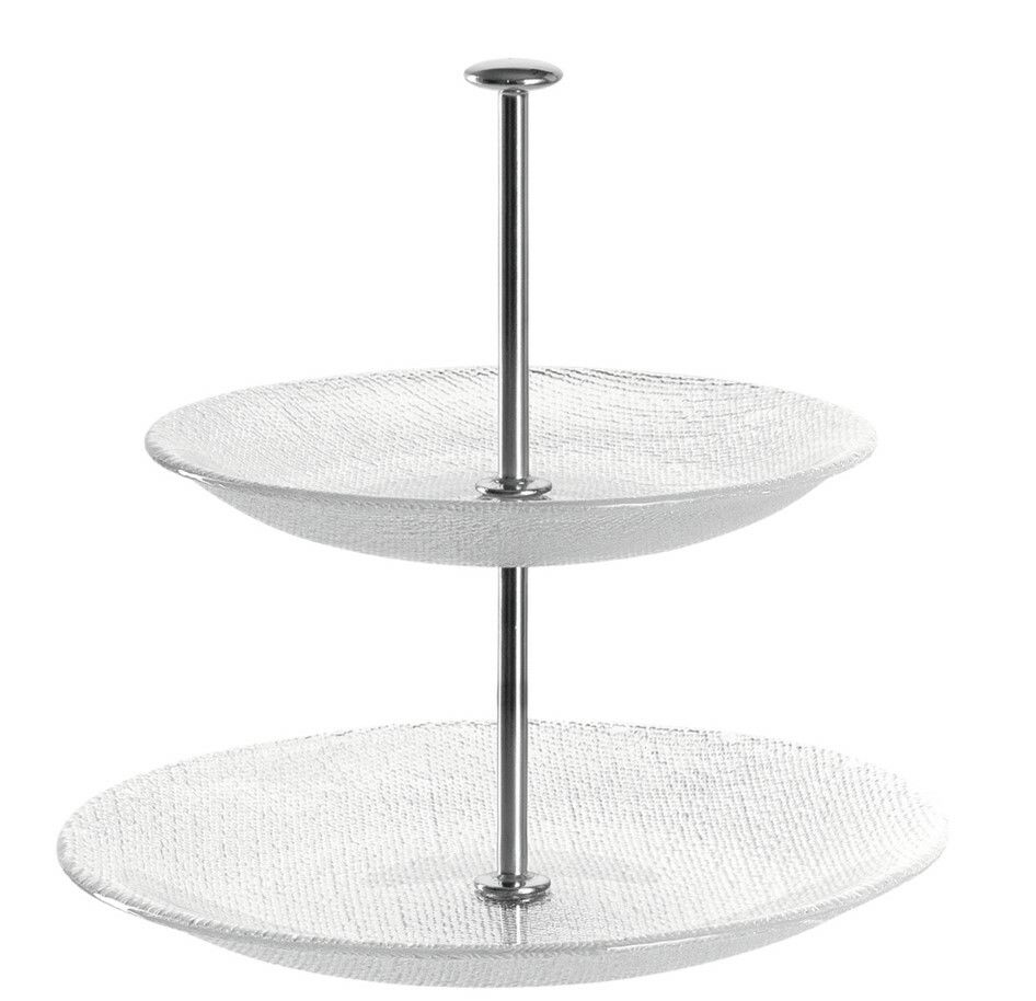 Leonardo Etagere 2-stöckig PRALINA Zweistöckige Glas-Etagere Pralina mit Metallstange, seitliche Perspektive