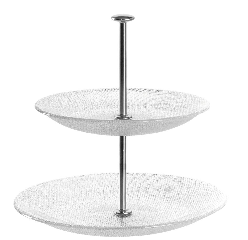 Leonardo Etagere 2-stöckig PRALINA Zweistöckige Glas-Etagere Pralina mit Metallstange, seitliche Perspektive