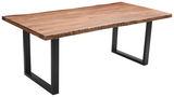 Moderner Esstisch aus Holz mit natürlicher Kante und schwarzen Metallbeinen, seitliche Perspektive