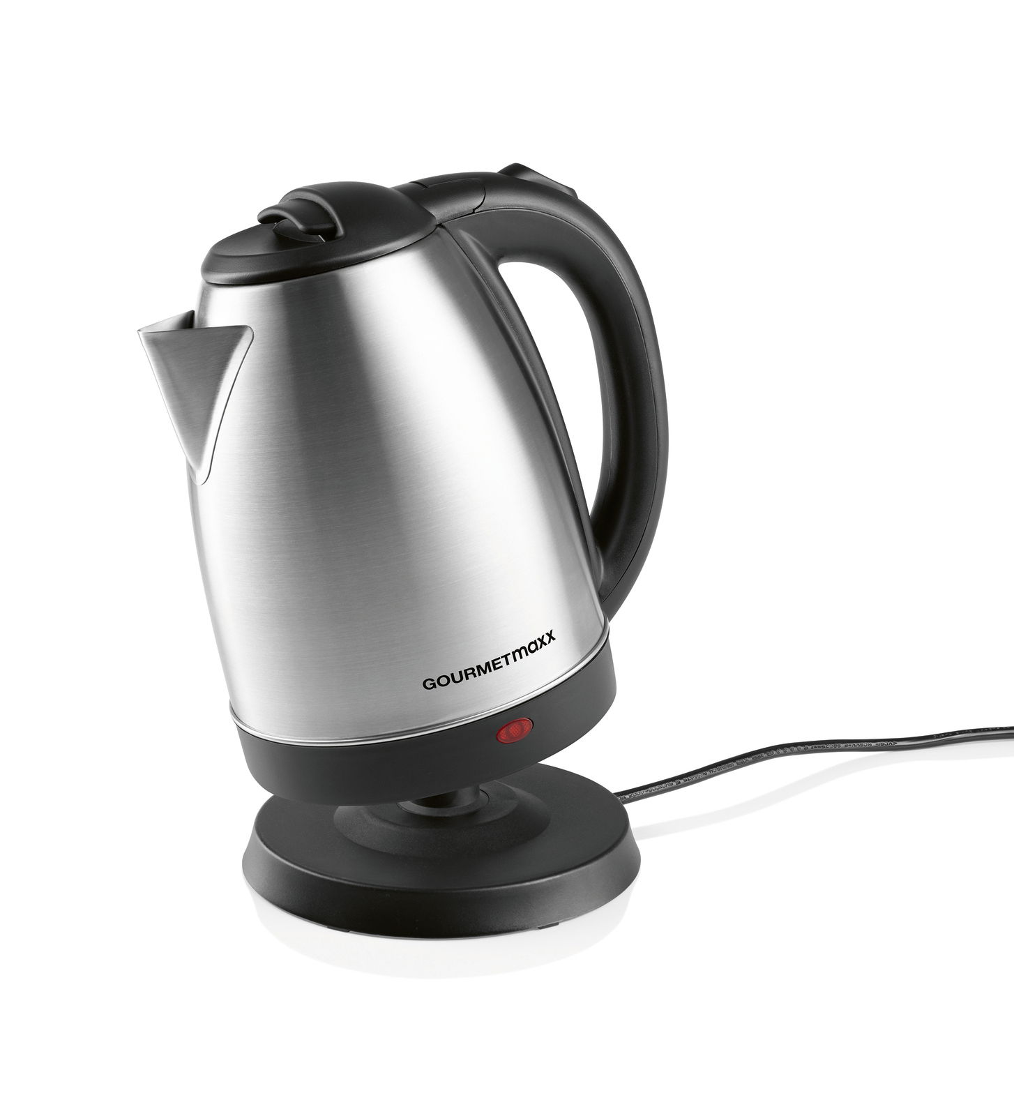 Silberner Wasserkocher mit schwarzem Griff und Basis, seitliche Perspektive