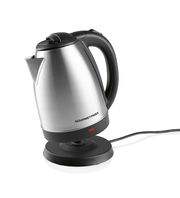 Silberner Wasserkocher mit schwarzem Griff und Basis, seitliche Perspektive