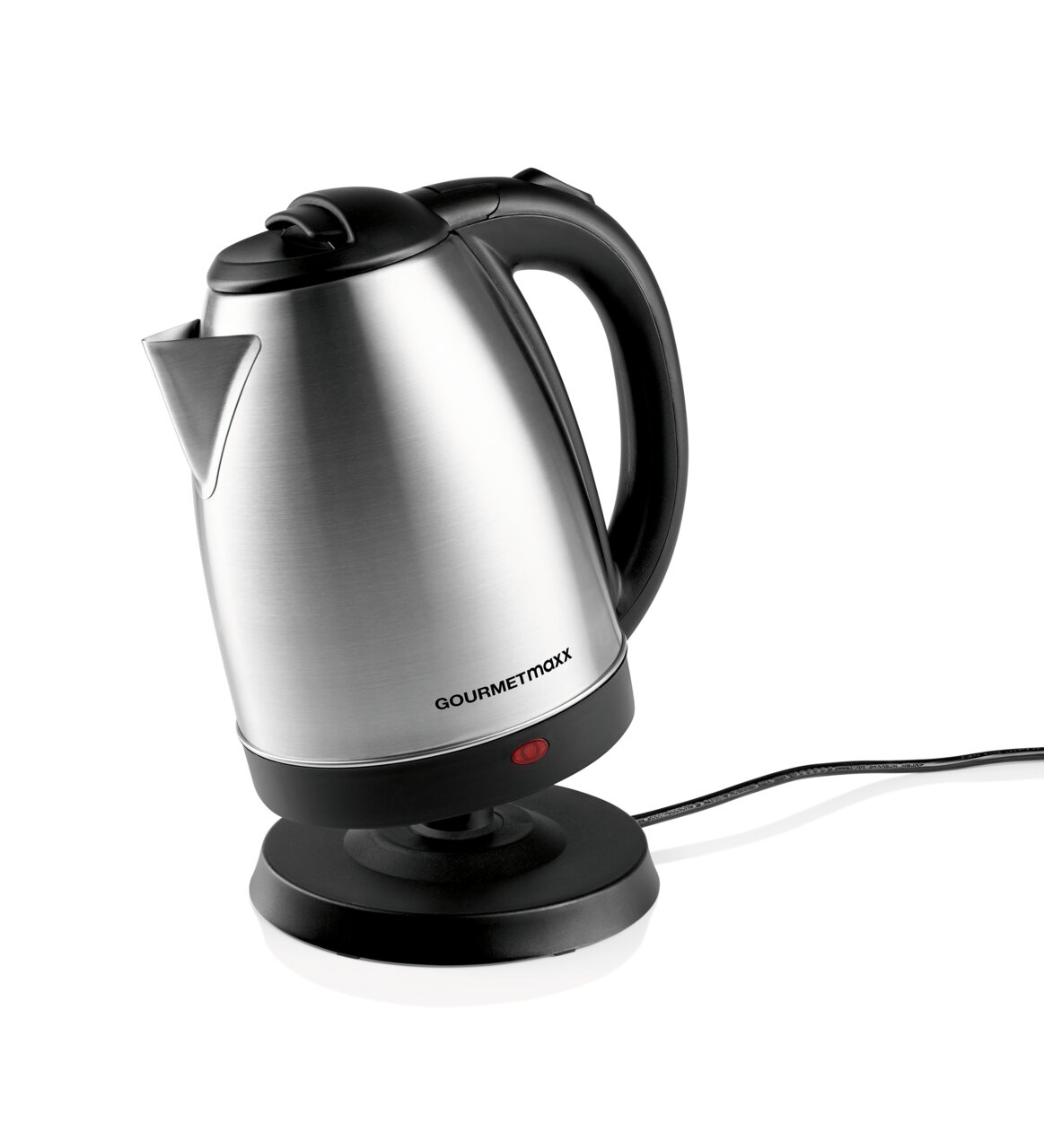 Silberner Wasserkocher mit schwarzem Griff und Basis, seitliche Perspektive
