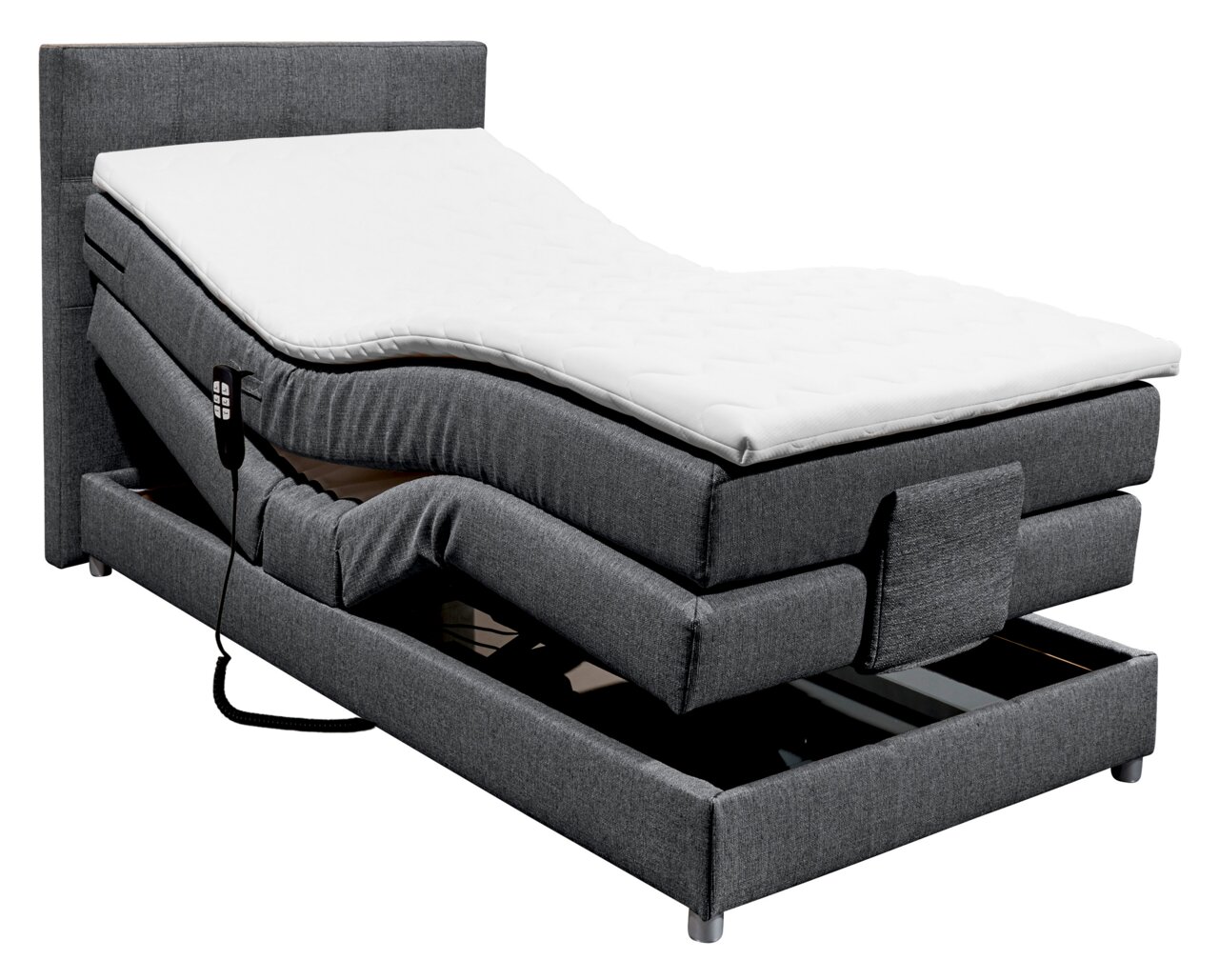 Graues Boxspringbett mit verstellbarem Kopf- und Fußteil, seitlicher Fernbedienung und moderner Optik, seitliche Perspektive
