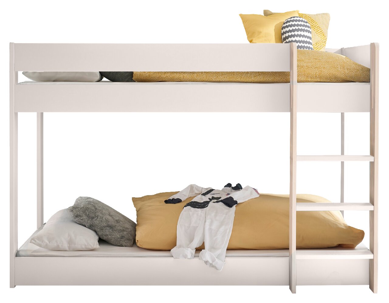 Weißes Etagenbett mit Leiter, gelben und grauen Kissen, seitliche Perspektive