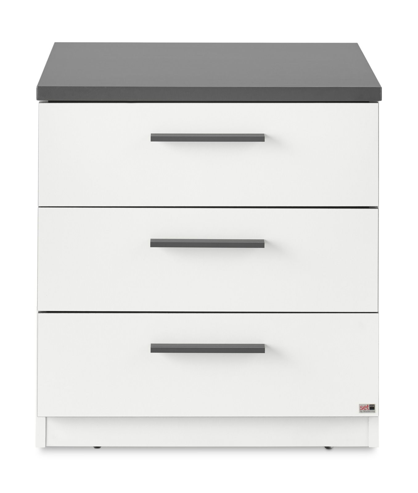 Moderne Nachtkommode mit drei Schubladen in Weiß und grauer Oberfläche, Frontalansicht