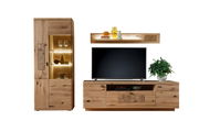 Frontale Ansicht einer modernen Wandkombination aus Holz mit Vitrine, TV-Schrank und Regal, dekoriert mit Pflanzen und Geschirr.