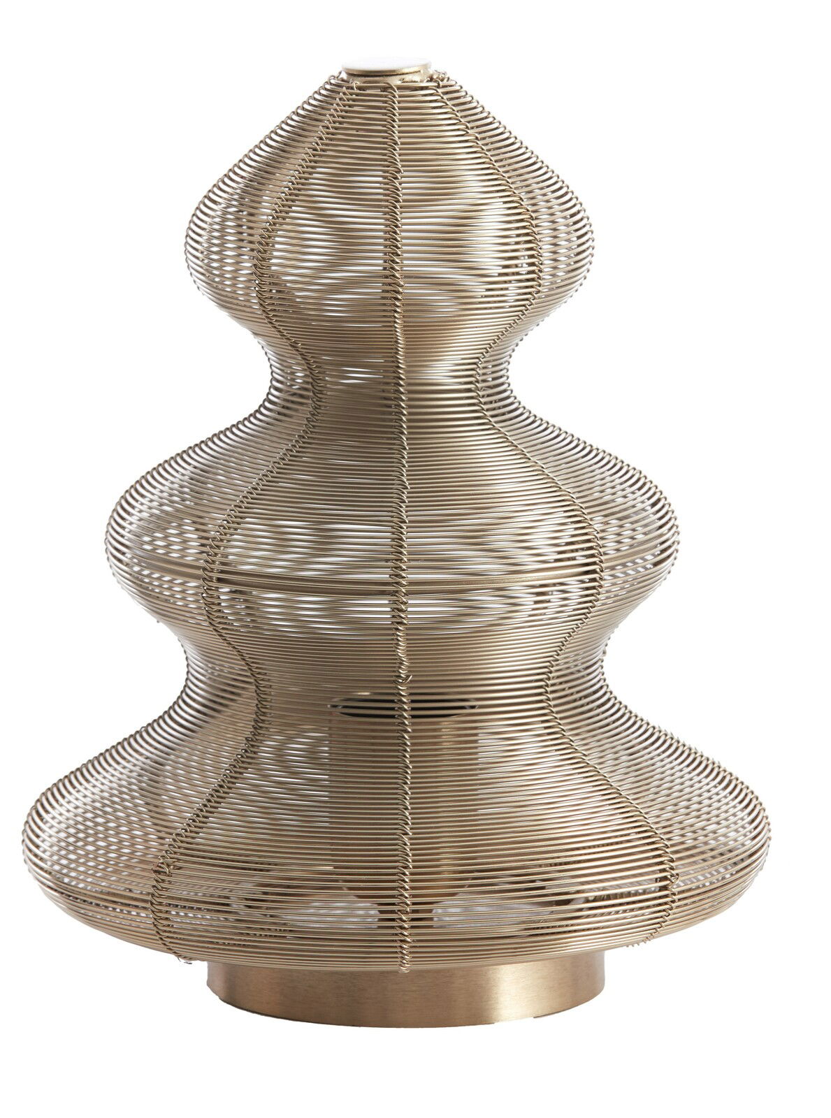 Tischleuchte mit elegantem, geschwungenem Drahtdesign in Goldoptik, seitliche Perspektive