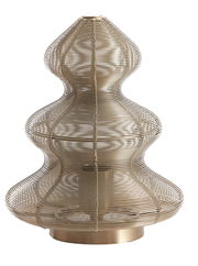 Tischleuchte mit elegantem, geschwungenem Drahtdesign in Goldoptik, seitliche Perspektive