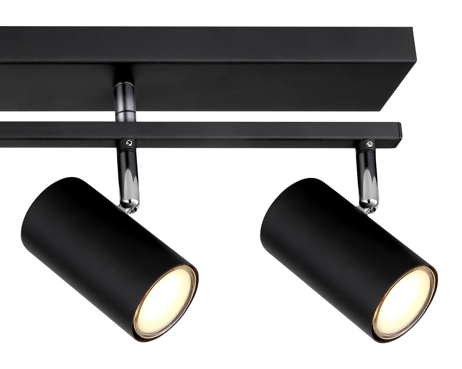 Moderner schwarzer Strahler mit zwei zylindrischen Leuchten, seitliche Perspektive.