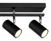 Moderner schwarzer Strahler mit zwei zylindrischen Leuchten, seitliche Perspektive.