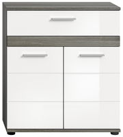 Frontansicht eines modernen Midischranks mit weißen Hochglanzfronten und grauen Holzdetails.