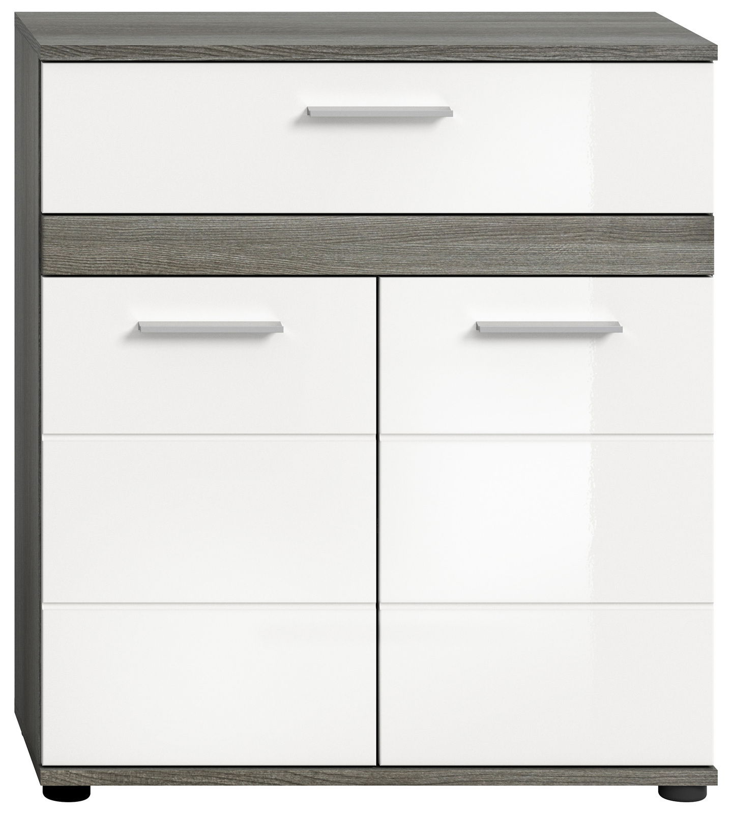 Frontansicht eines modernen Midischranks mit weißen Hochglanzfronten und grauen Holzdetails.