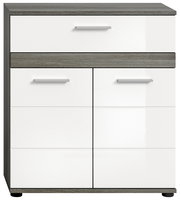 Frontansicht eines modernen Midischranks mit weißen Hochglanzfronten und grauen Holzdetails.