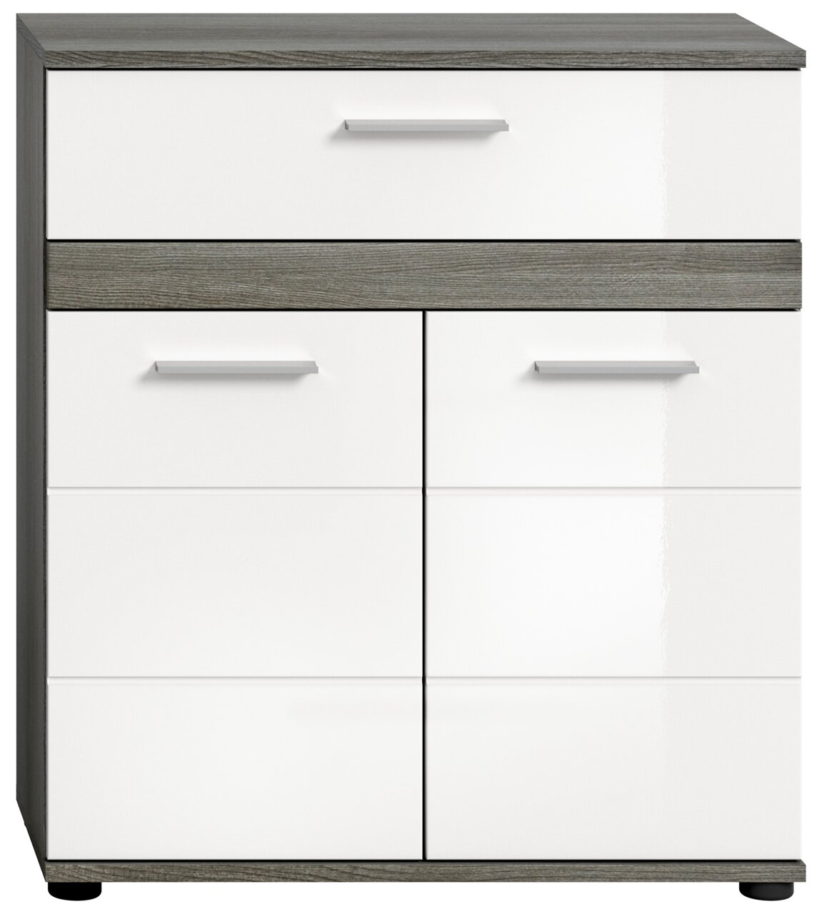 Frontansicht eines modernen Midischranks mit weißen Hochglanzfronten und grauen Holzdetails.