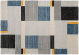 Frisé-Teppich mit geometrischem Muster in Blau, Grau, Schwarz und Gelb, Draufsicht