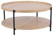 Runder Couchtisch aus hellem Holz mit zwei Ebenen und schwarzen Metallbeinen, seitliche Perspektive