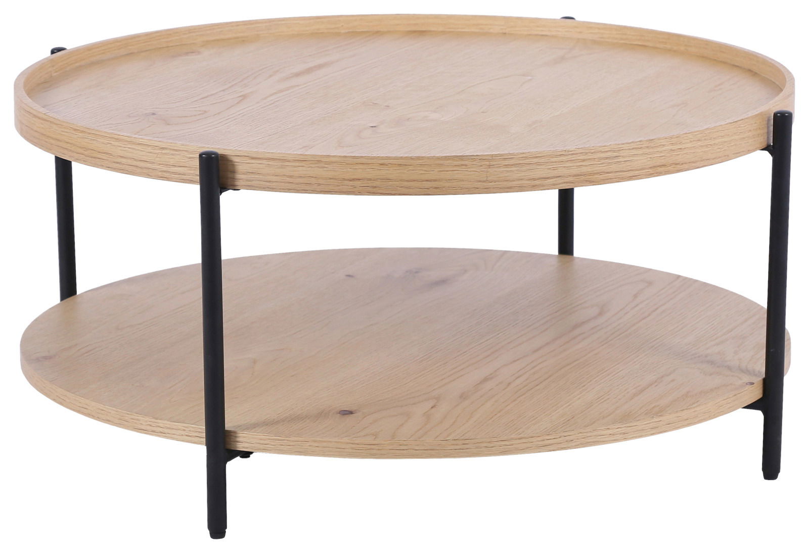 Runder Couchtisch aus hellem Holz mit zwei Ebenen und schwarzen Metallbeinen, seitliche Perspektive